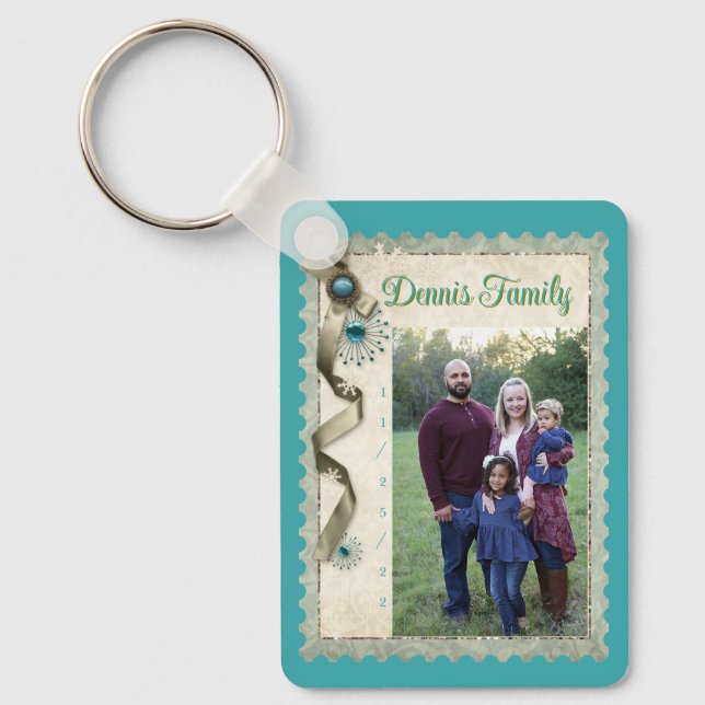 Vintage Winter snowflake ribbon damask photo Keychain (Front)