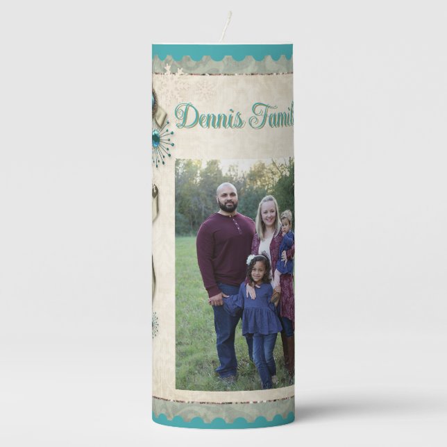 Vintage Winter snowflake ribbon damask teal Pillar Candle (Front)