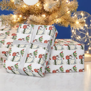 Vintage Winter Snowman Winter Cap Red Mailbox Wrapping Paper