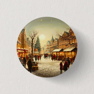 Vintage Winter Snowy Christmas Market Town Button