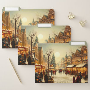 Vintage Winter Snowy Christmas Market Town File Folder