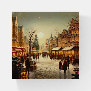 Vintage Winter Snowy Christmas Market Town Paperweight