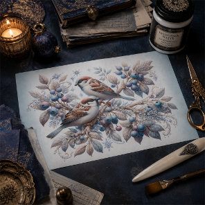 Vintage Winter Sparrows and Blueberries Decoupage  Tissue Paper