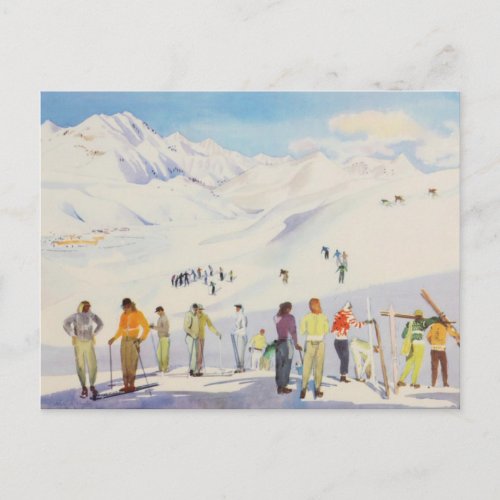 Vintage winter  sports skiers  on the pistes postcard