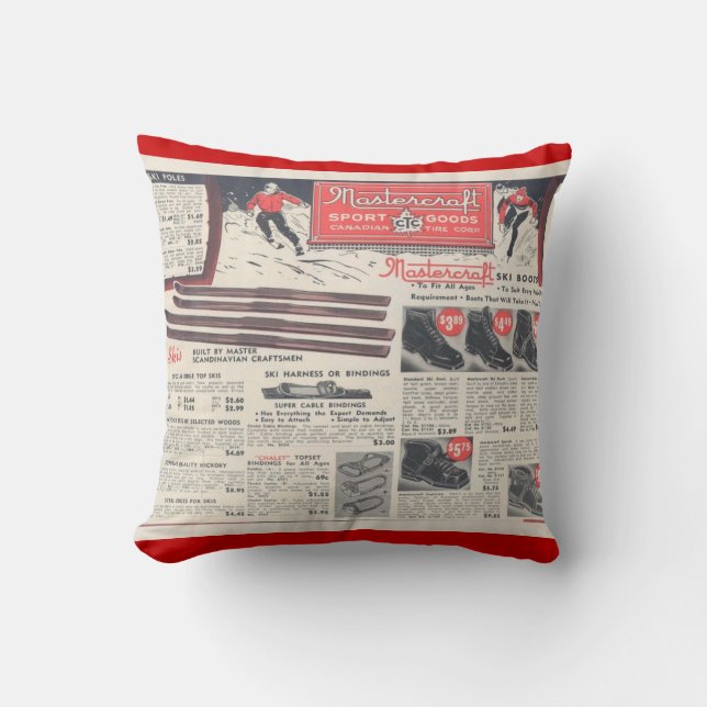 Vintage winter sports, skiwear advertisement throw pillow (Front)
