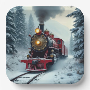 Vintage Winter Steam Locomotive Paper Plates