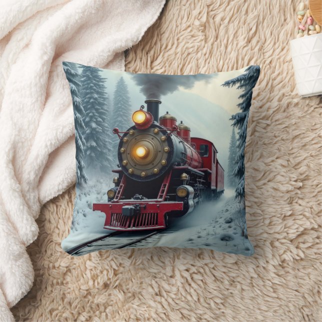 Vintage Winter Steam Locomotive Throw Pillow (Blanket)