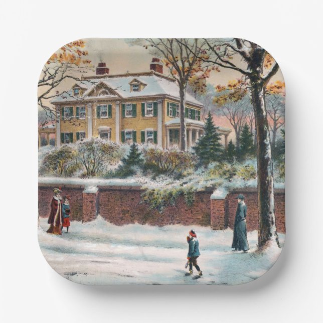 Vintage Winter Street Merry Christmas Paper Plates (Front)