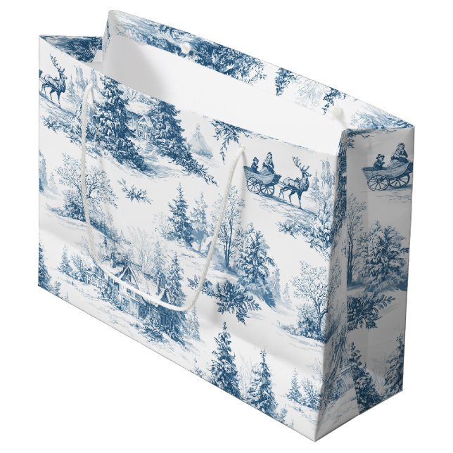 Vintage Winter Toile de Jouy - Classic Christmas Large Gift Bag (Front Angled)
