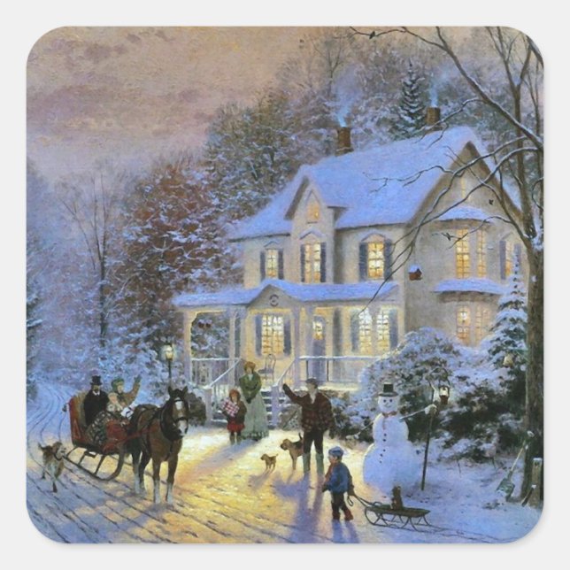 Vintage Winter Town Christmas tree Square Sticker (Front)