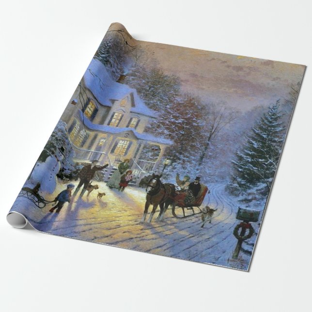 Vintage Winter Town Christmas tree Wrapping Paper (Unrolled)