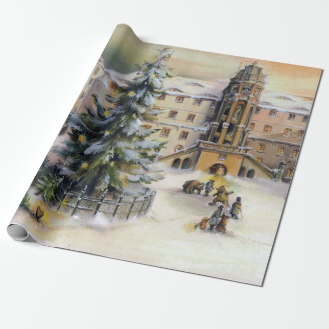 Vintage Winter Town Christmas tree Wrapping Paper (Unrolled)