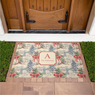 Vintage Winter Village Christmas Red Bow Monogram Doormat