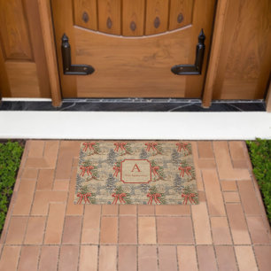 Vintage Winter Village Christmas Red Bow Monogram Fiber Doormat