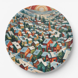 vintage winter village in the snow paper plates