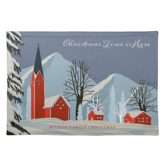Vintage Winter Village Snow Scene Christmas Cloth Placemat (Front)