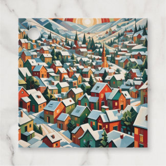 vintage winter village under snow favor tags