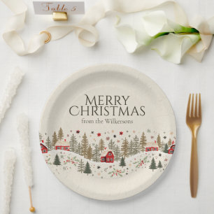 Vintage Winter Village Xmas Folk Art Custom Name Paper Plates