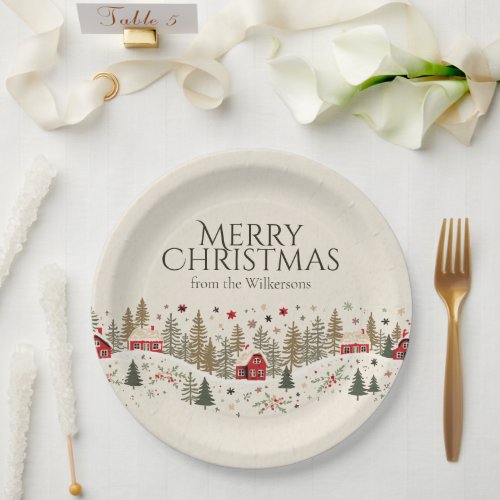 Vintage Winter Village Xmas Folk Art Custom Name Paper Plates