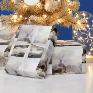 Vintage Winter Windmill snowy landscape Wrapping Paper