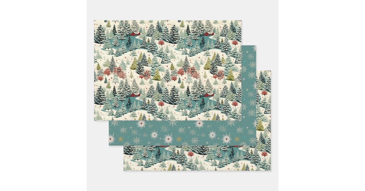 Snowy Pattern Paper Vintage Winter's Haven Snowy Landscape 2 Wrapping Paper Sheets | Zazzle