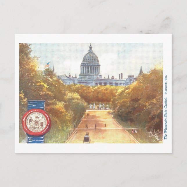 Vintage Wisconsin Capitol with Seal Postcard (Front)