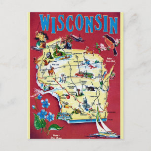Vintage Wisconsin Map Postcard