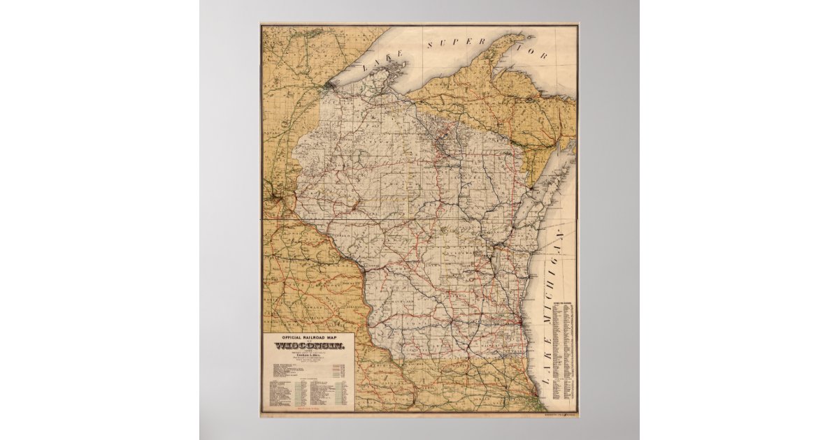 Vintage Wisconsin Railroad Map (1900) Poster  Zazzle