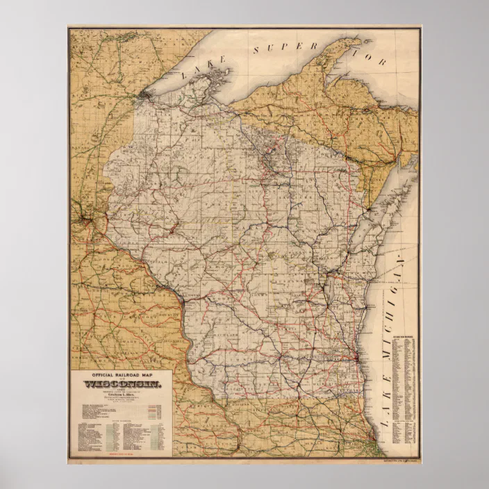 Many Sizes; Official Railroad Map Of Wisconsin Poster 1900 
