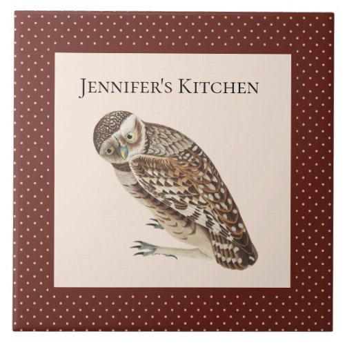 Vintage Wise Owl with Brown and Cream Polka Dots Ceramic Tile