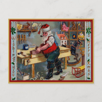 Vintage Wish You A Merry Xmas Santa Workshop Holiday Postcard