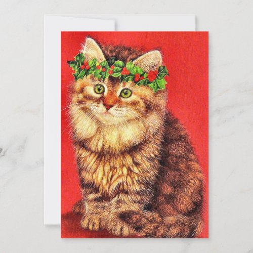 Vintage Wishing You A Meowy Christmas Cat Holiday Card