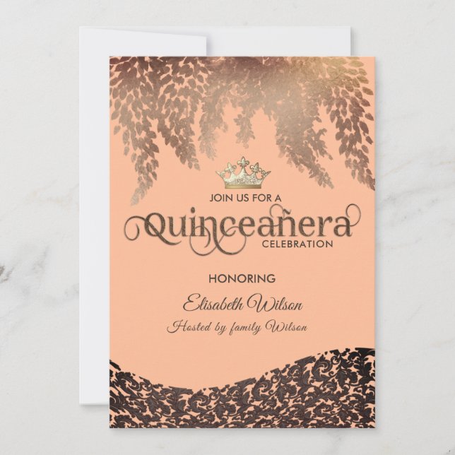Vintage wisteria damask gold tiara Quinceañera  Invitation (Front)
