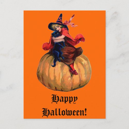 Vintage Witch and Black Cat Halloween Card