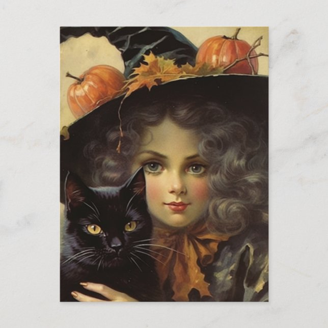 Vintage Witch and Black Cat Halloween Postcard (Front)