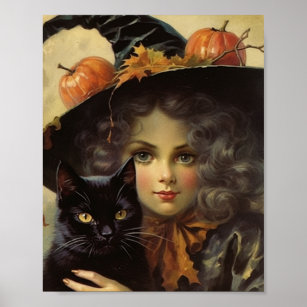 Vintage Witch and Black Cat Halloween Poster