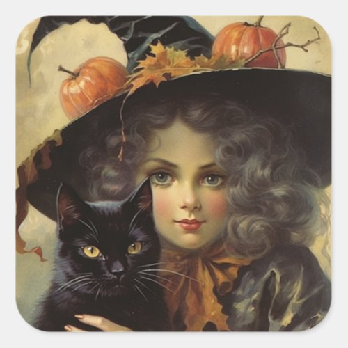 Vintage Witch and Black Cat Halloween Square Sticker