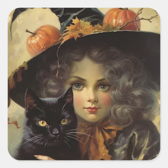 Vintage Witch and Black Cat Halloween Square Sticker | Zazzle
