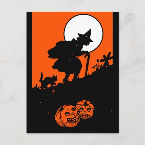 Vintage Witch and Black Cat Silhouette Postcard