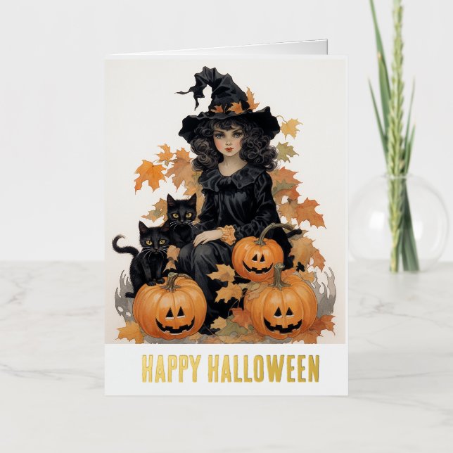 Vintage Witch and Black Cats Halloween Foil Greeting Card (Front)