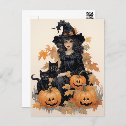 Vintage Witch and Black Cats Halloween Postcard