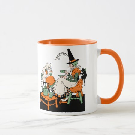 Vintage Witch And Cat Having Tea Mug