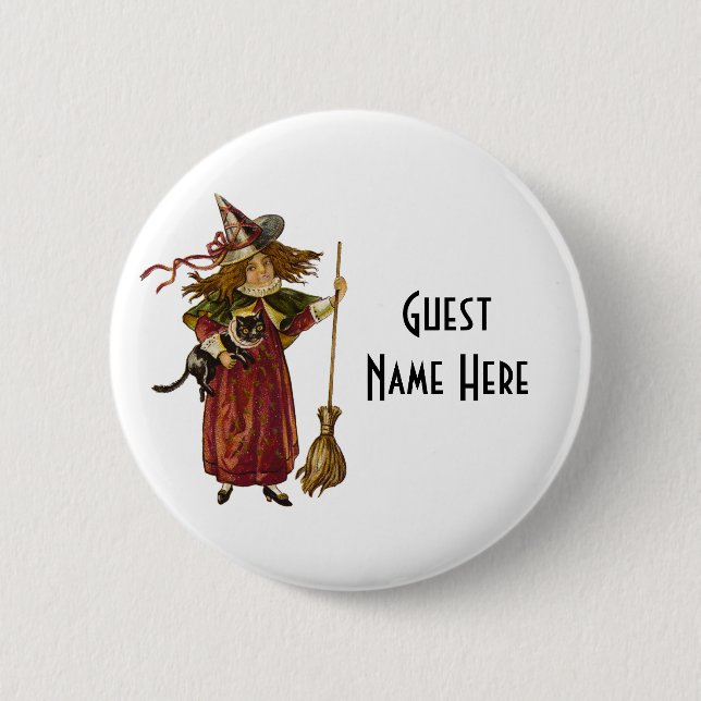 Vintage Witch and Cat Pinback Button (Front)