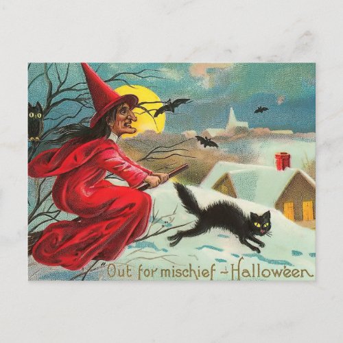 Vintage Witch and Cat Postcard