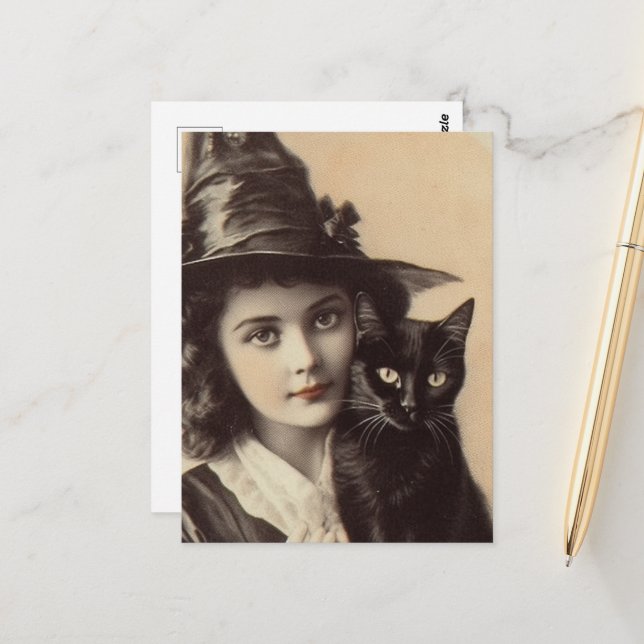 Vintage Witch and Her Black Cat Postcard (Front/Back In Situ)