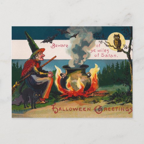 Vintage witch and owl Halloween postcard