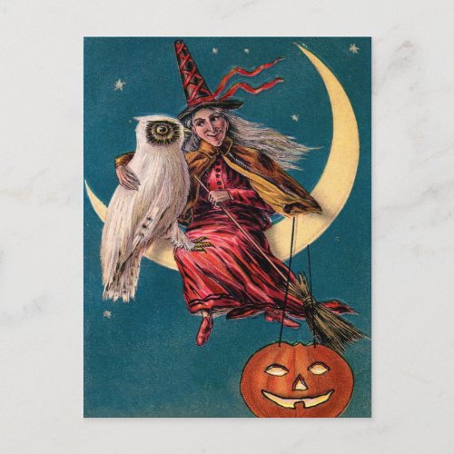 Vintage Witch and Owl Happy Halloween Greeting Postcard