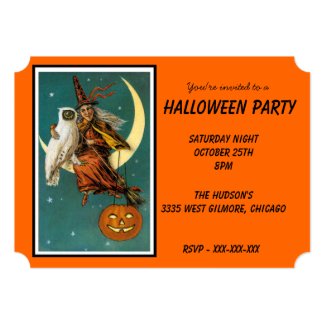 Vintage Witch and White Owl Halloween Invitation