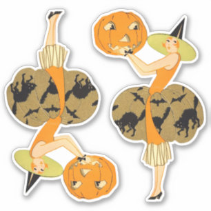 Vintage Witch Art Deco Witch and Pumpkin Halloween Sticker