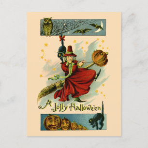 Vintage Witch, Black cat & Bats Halloween Holiday Postcard